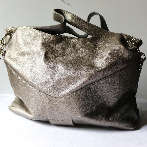 NWT Glam Accessories Pebbled Leather Tote Shoulder Bag Purse Metallic Pewter - Picture 1 of 16